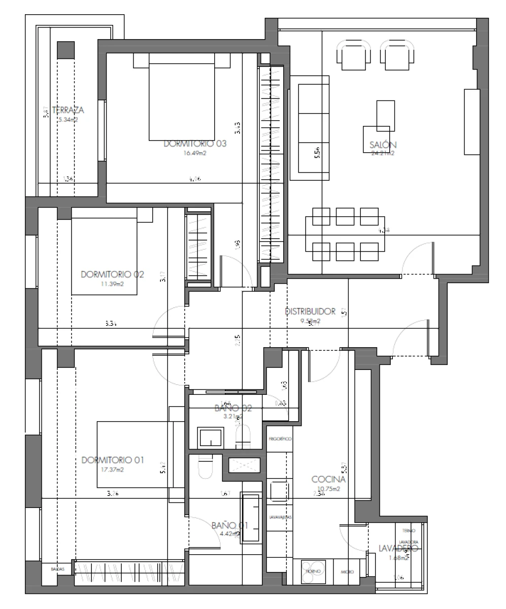 plano  de Piso reformado con terraza y ascensor en el barrio de Gamarra
